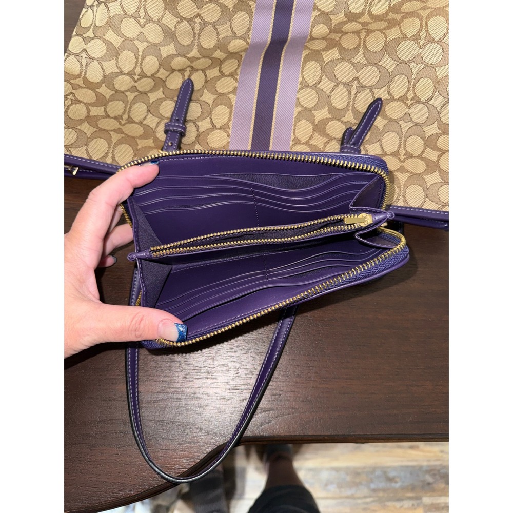 Coach Signature Stripe Tote Bag and wallet Purple Trim Canvas Leather Trim - Picture 9 of 10